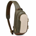 Mochila bandolera 32 cm de material sintético verde oliva beige y marrón con compartimentos y correa ajustable