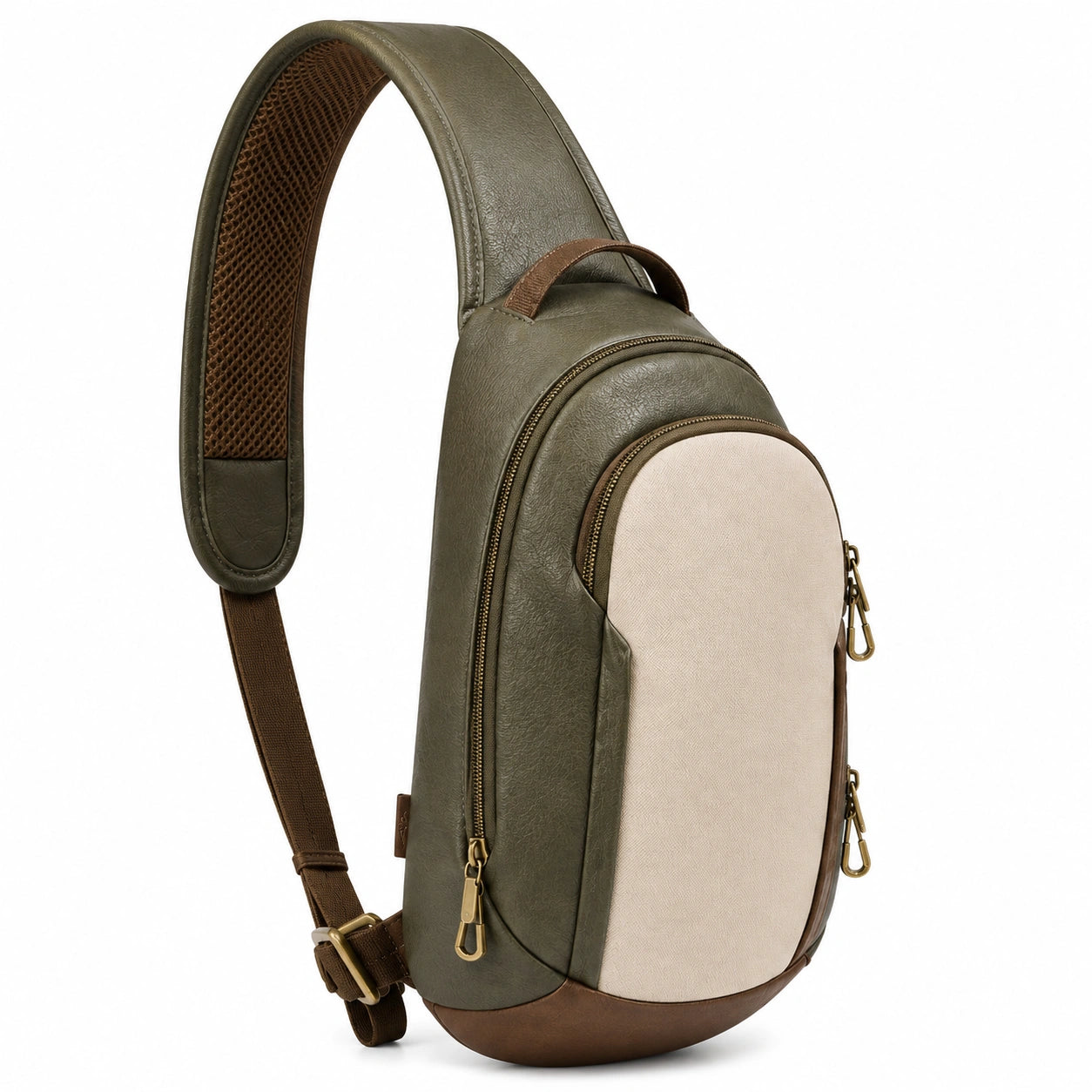 Mochila bandolera 32 cm de material sintético verde oliva beige y marrón con compartimentos y correa ajustable