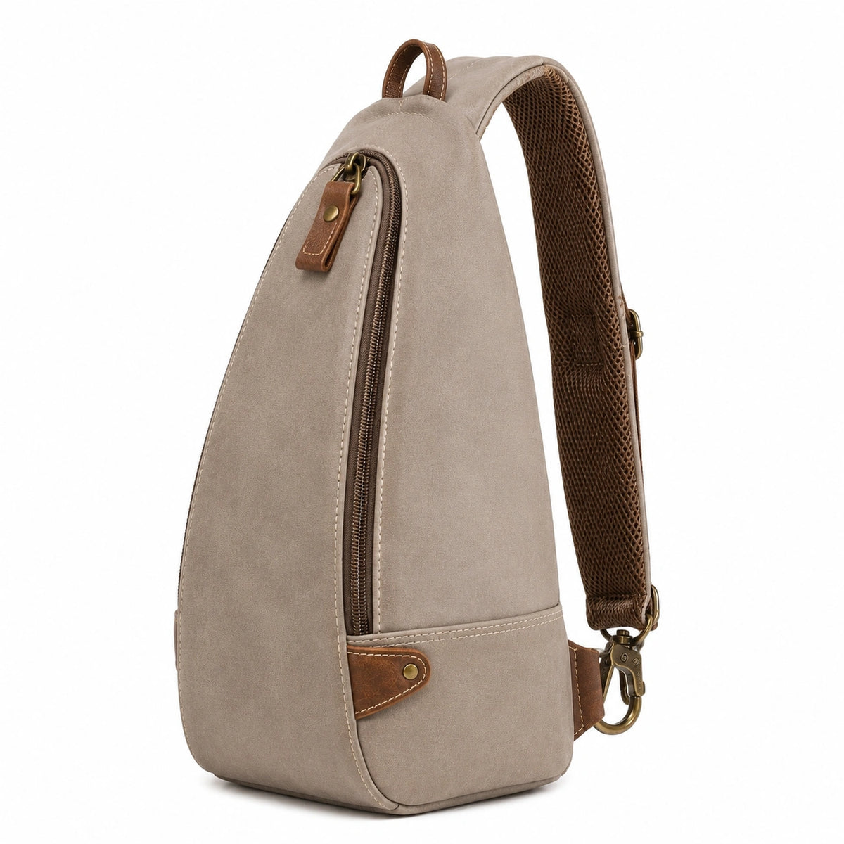 Mochila bandolera compacta de piel sintética gris topo con cremallera