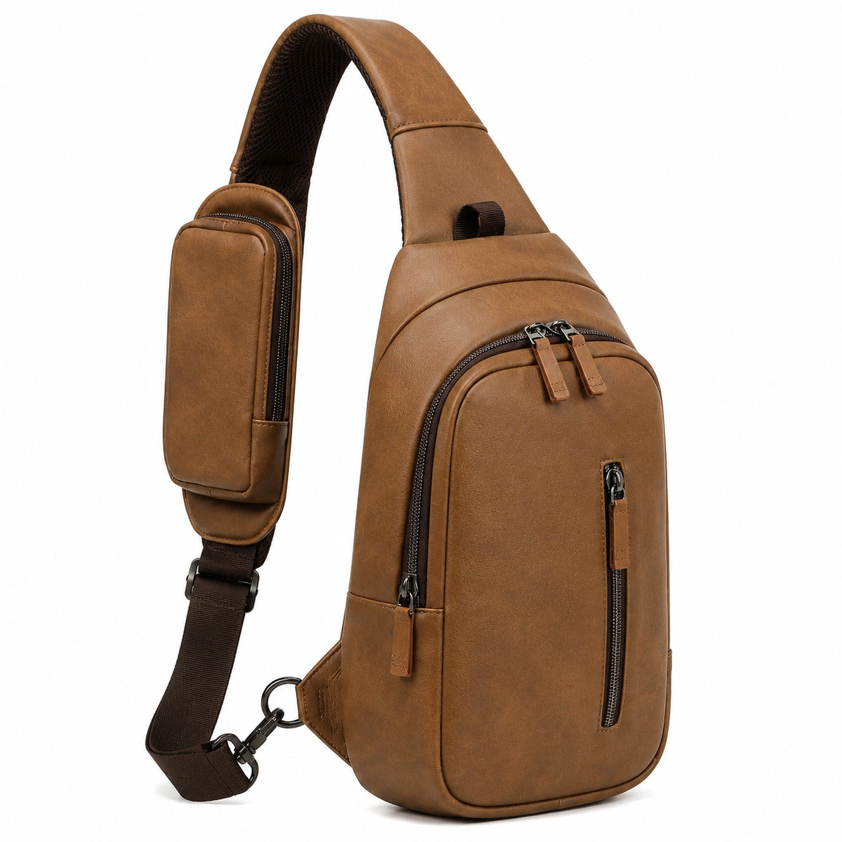 Bolso bandolera de pecho 17 x 8 x 32 cm de piel sintética marrón con bolsillos y cremallera