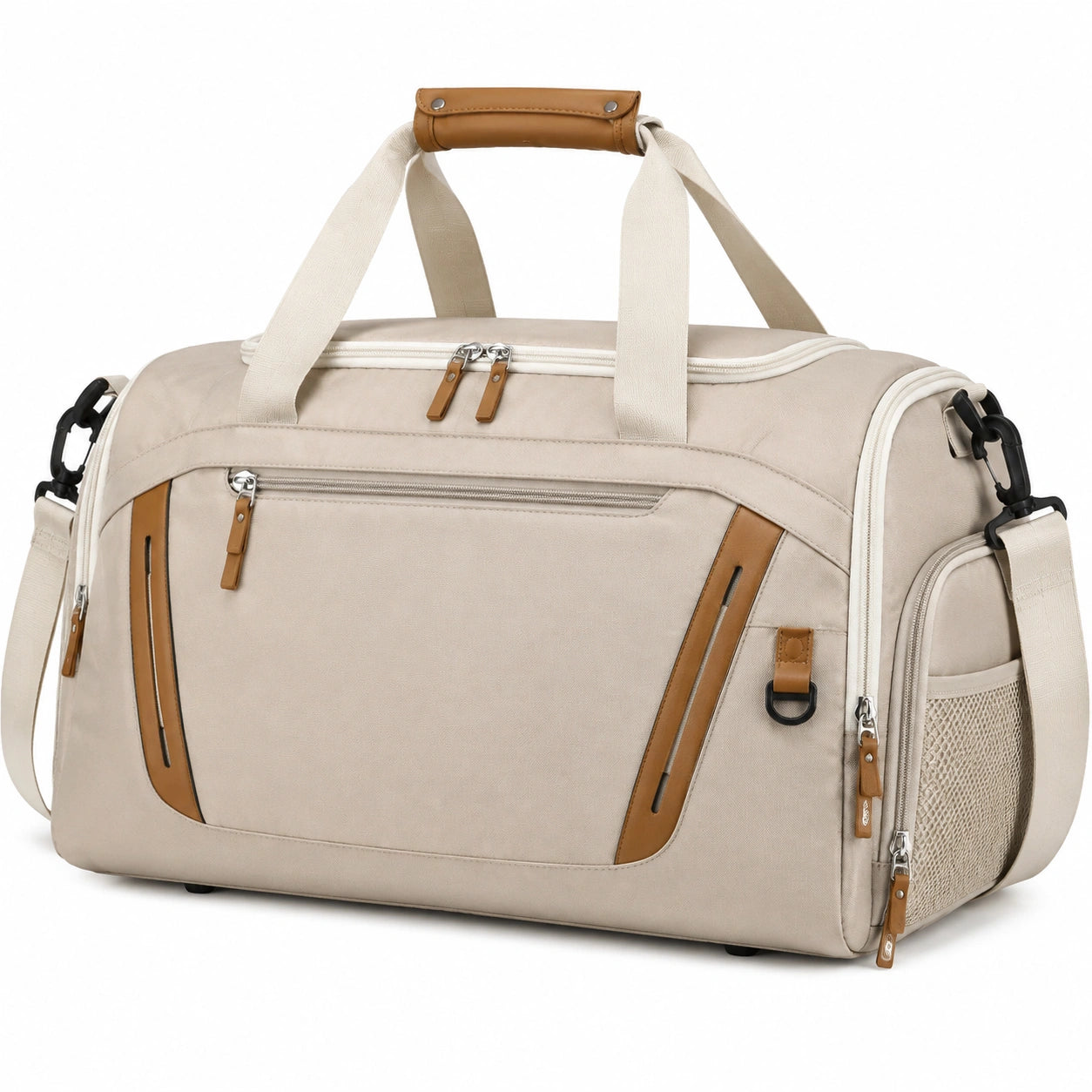 Bolsa de viaje 50 x 25 x 30 cm de tejido beige con detalles camel y correa ajustable
