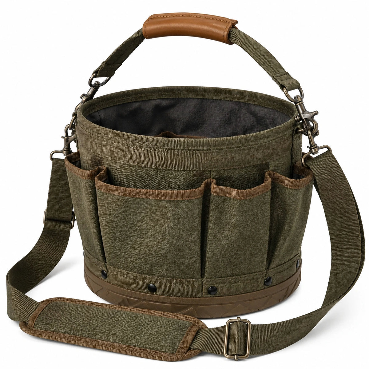 Bolsa organizadora cilíndrica para herramientas 30 x 30 cm de lona verde con bolsillos exteriores y correa ajustable