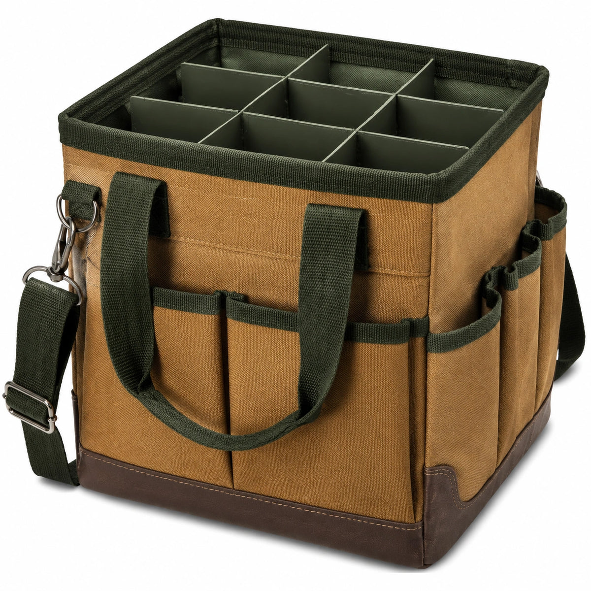 Bolsa organizadora 35 x 25 x 30 cm de tejido marrón y verde para herramientas con compartimentos