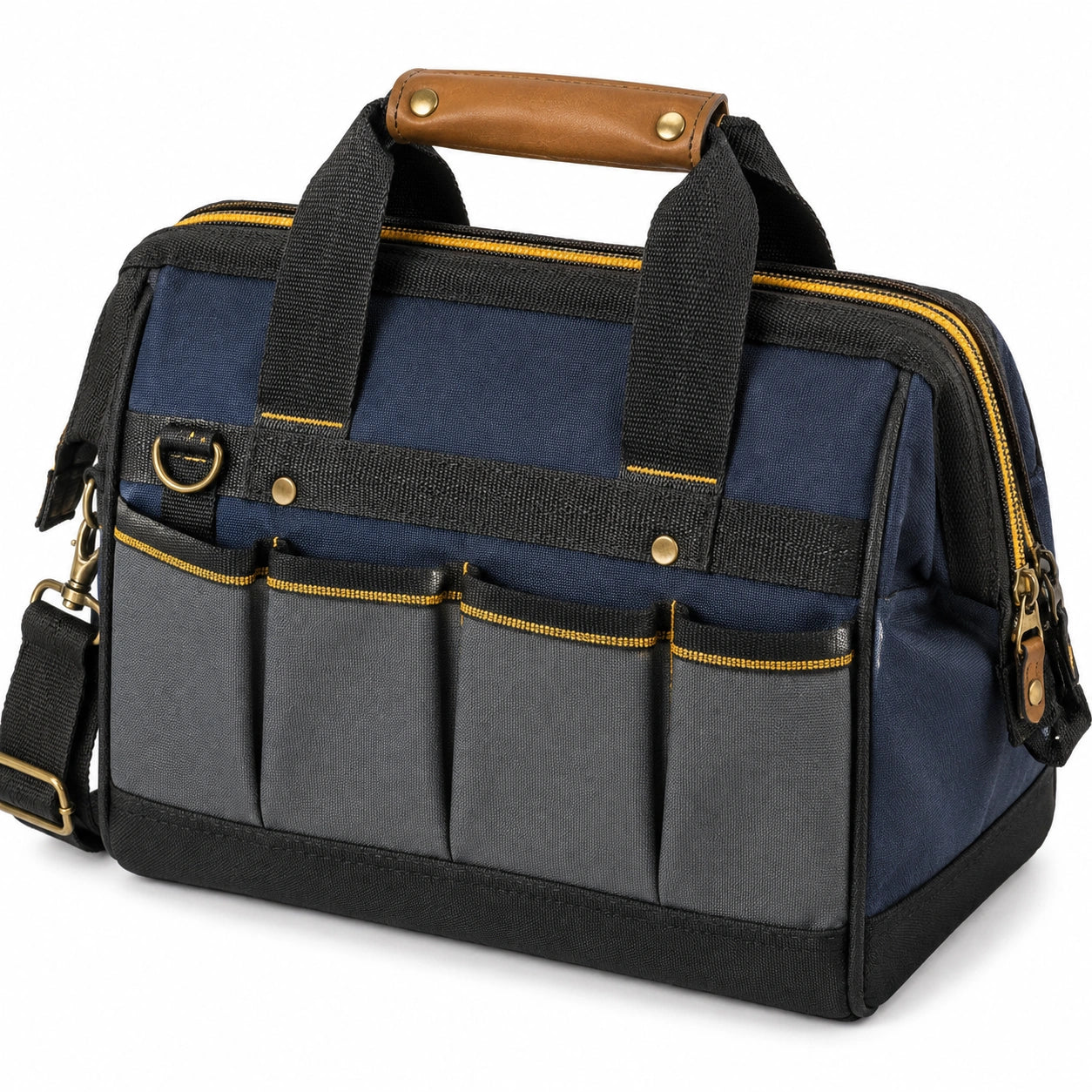 Bolsa de herramientas 40 x 18 x 30 cm de tejido sintético azul marino y negro con bandolera y bolsillos exteriores