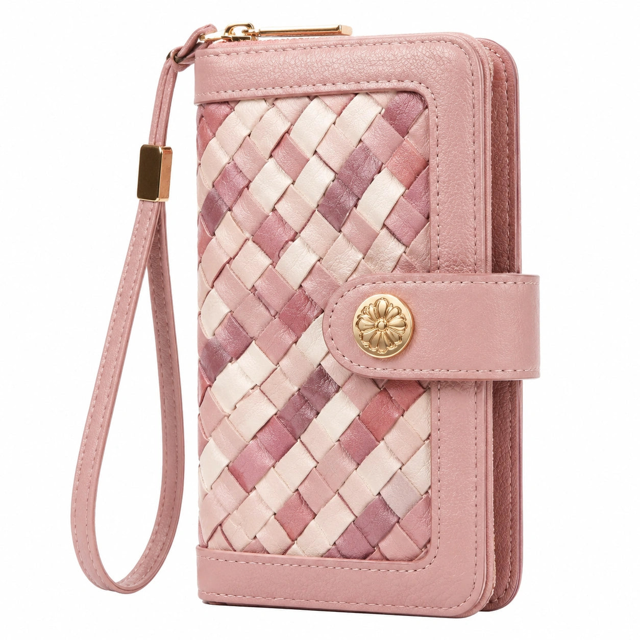 Cartera de mano 19 x 10 x 3 cm de piel sintética rosa con trenzado y cierre de cremallera