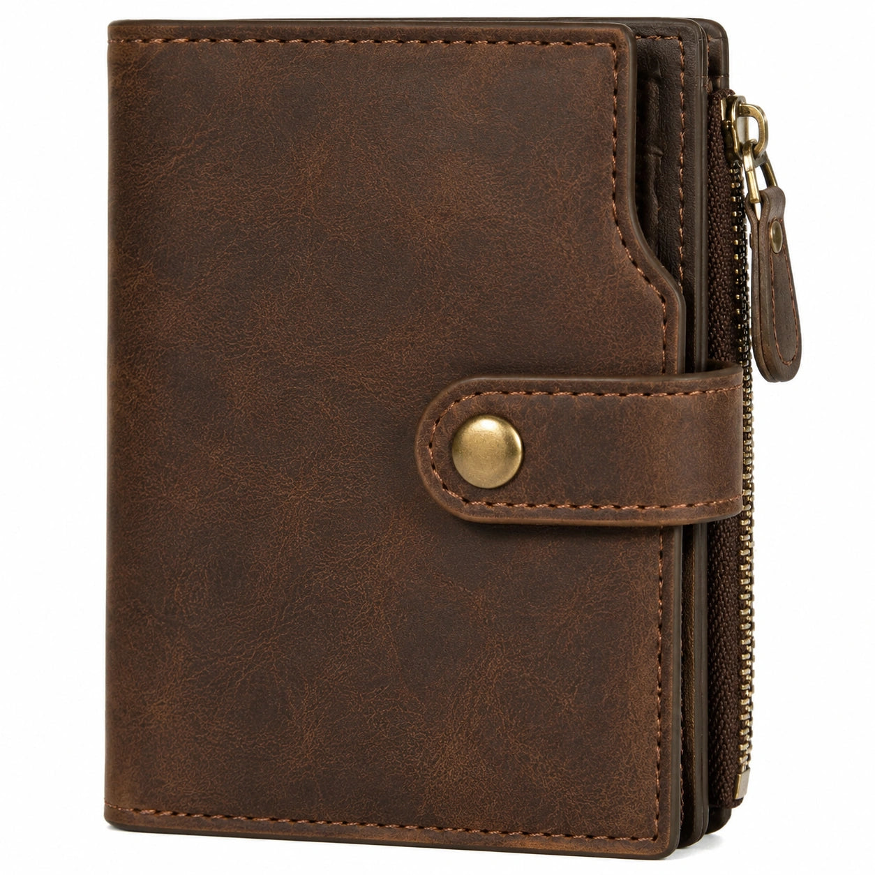 Cartera 12 x 10 x 3 cm de piel sintética marrón con monedero y cierre de botón