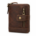 Cartera de cuero marrón 12 x 10 x 3 cm con cremallera y cierre a presión