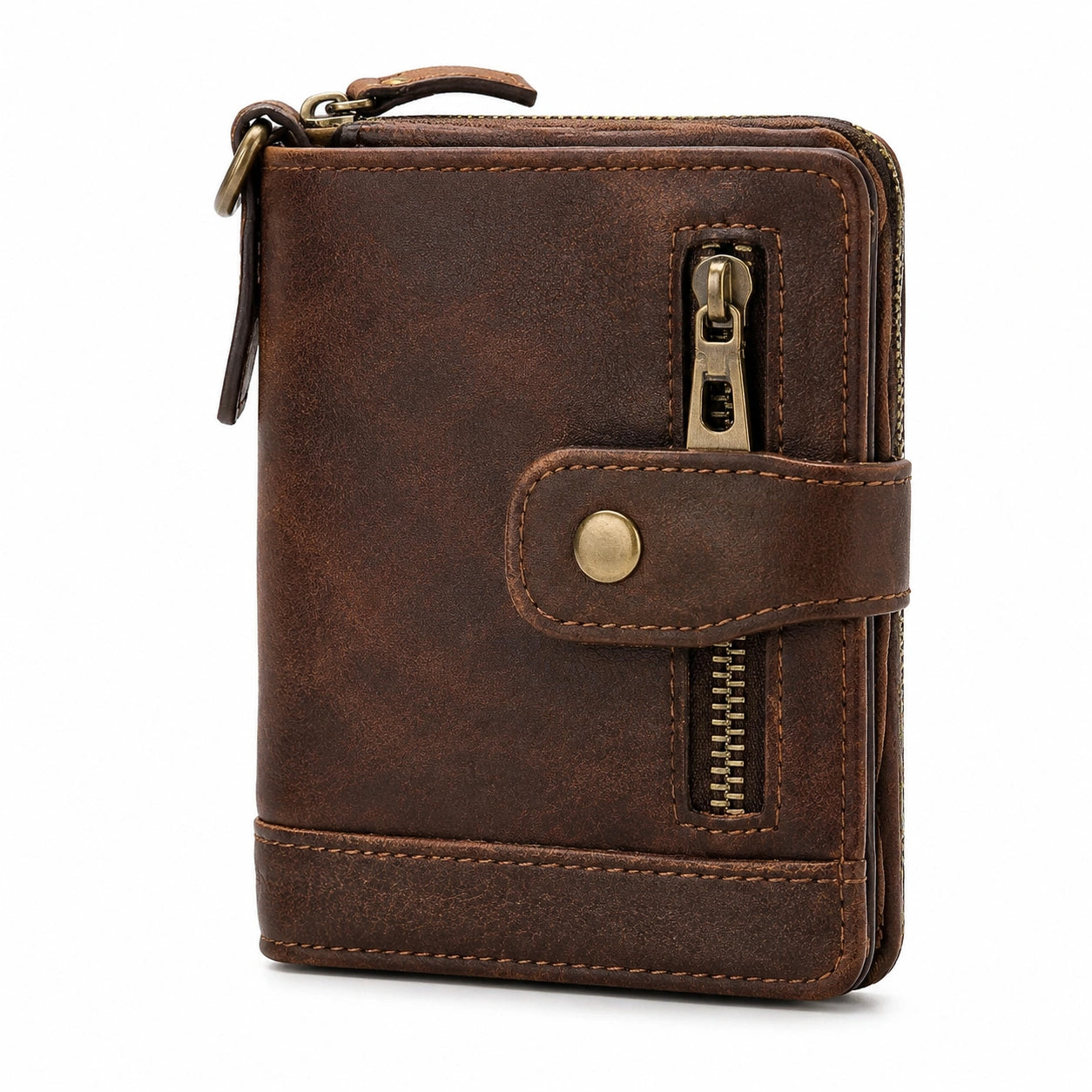 Cartera de cuero marrón 12 x 10 x 3 cm con cremallera y cierre a presión