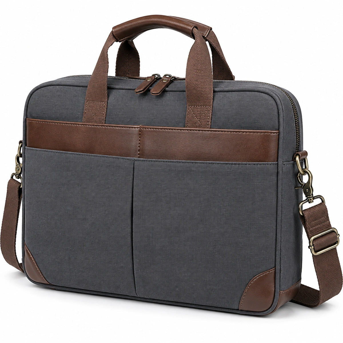Bolso para portátil 40 cm de tejido gris y poliuretano marrón - bandolera con cremallera