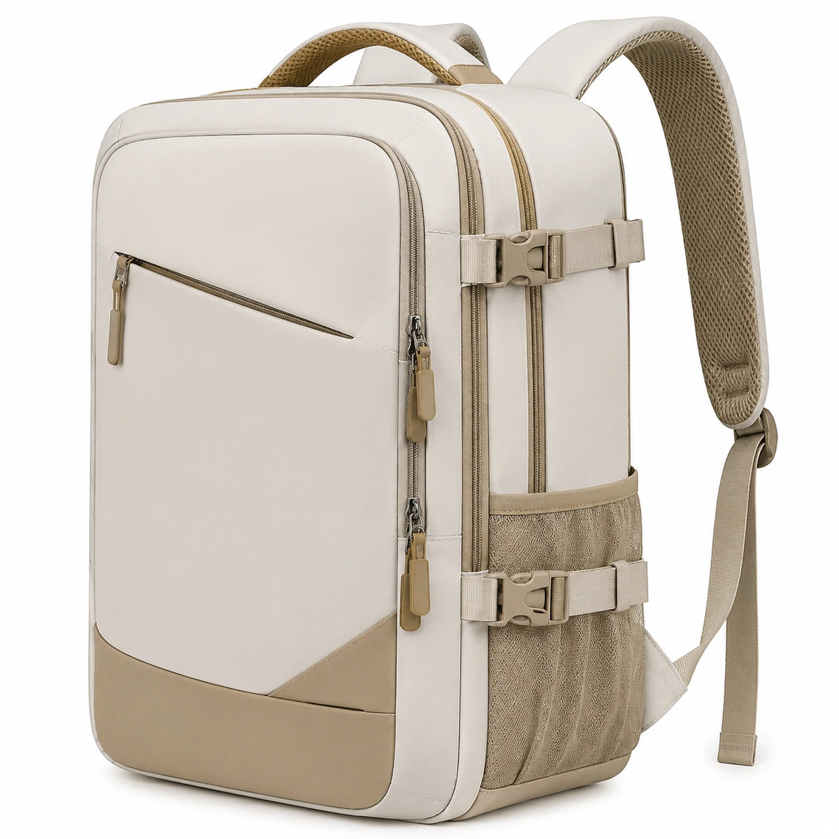 Mochila rectangular 45 x 30 x 18 cm de material sintético beige para viaje con compartimentos y correas ajustables