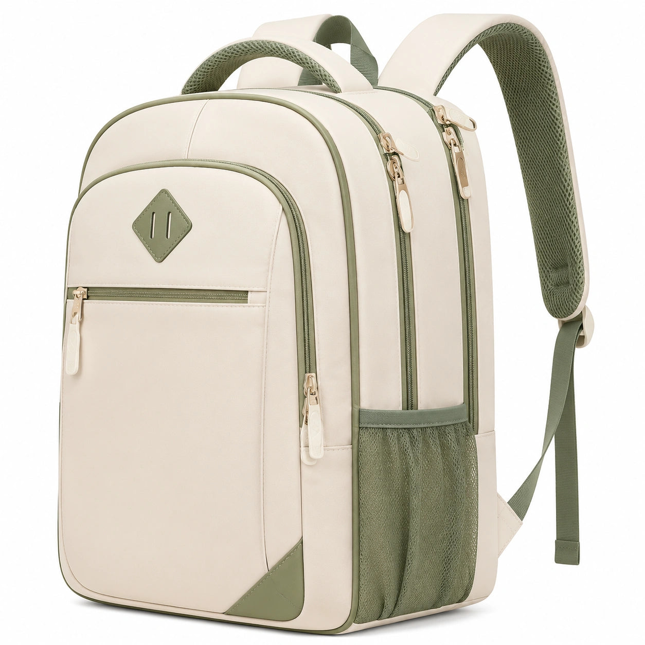 Mochila rectangular 30 x 16 x 42 cm de tejido sintético beige y verde con compartimentos para uso diario