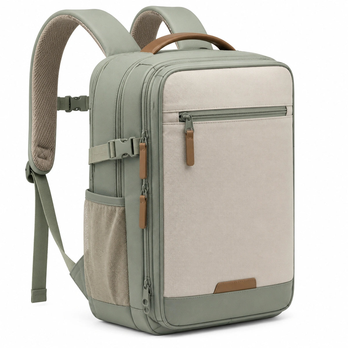 Mochila 30 x 18 x 45 cm de tejido sintético verde salvia y beige para viaje con compartimentos y correas acolchadas