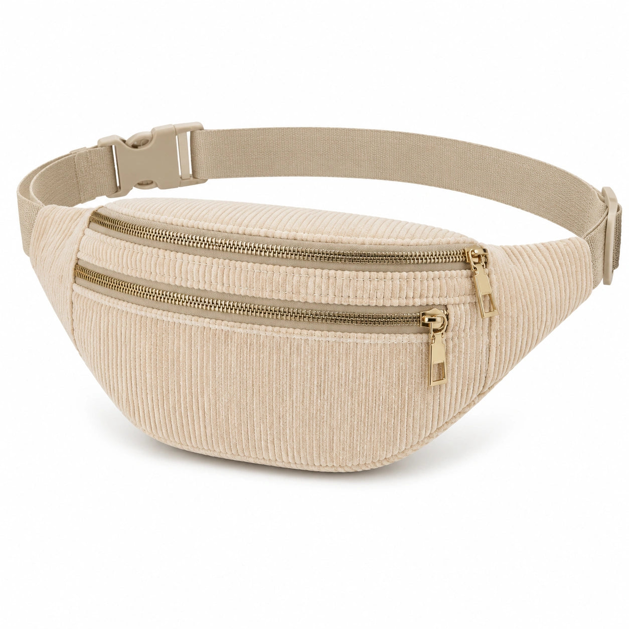 Riñonera de tamaño único de pana beige con correa ajustable y doble cremallera