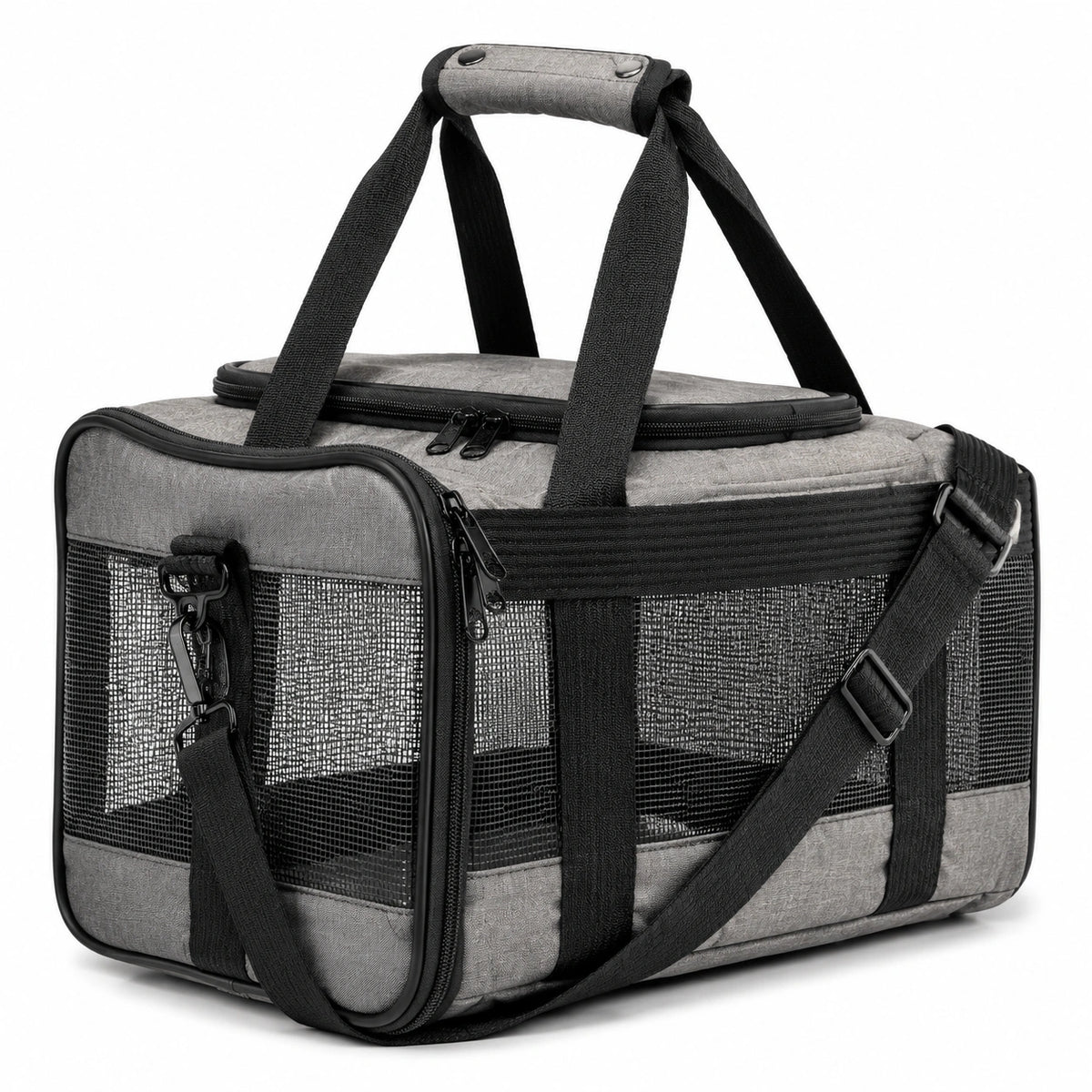 Bolsa transportadora para mascotas 45 x 28 x 28 cm de tela gris y negra con malla y correa ajustable