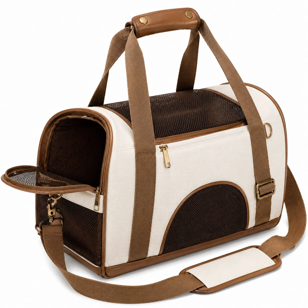 Bolso transportín para mascotas 45 x 28 x 30 cm de tejido beige y marrón con malla ventilada