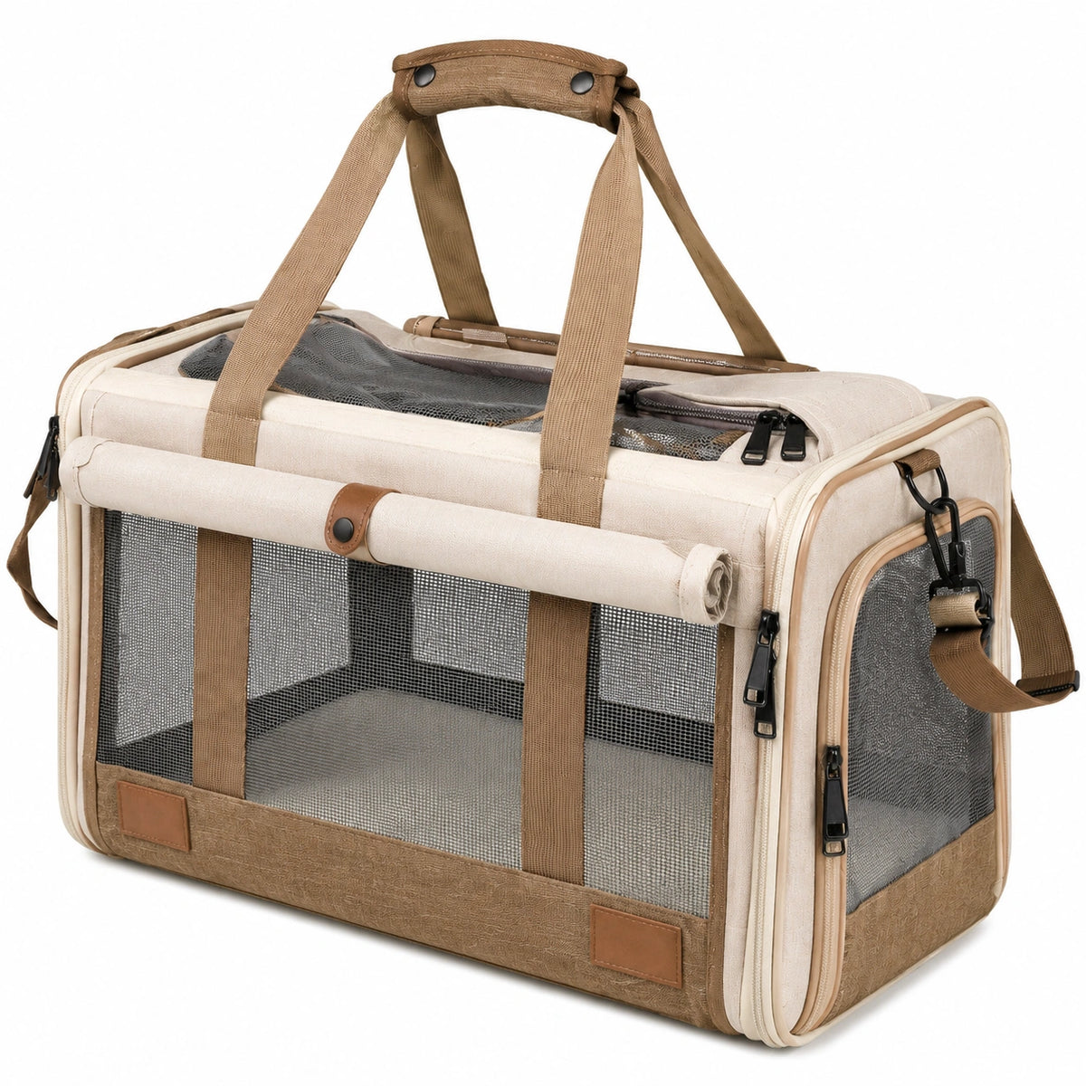 Transportín plegable para mascotas 50 x 30 x 30 cm de tela beige con malla y correa ajustable