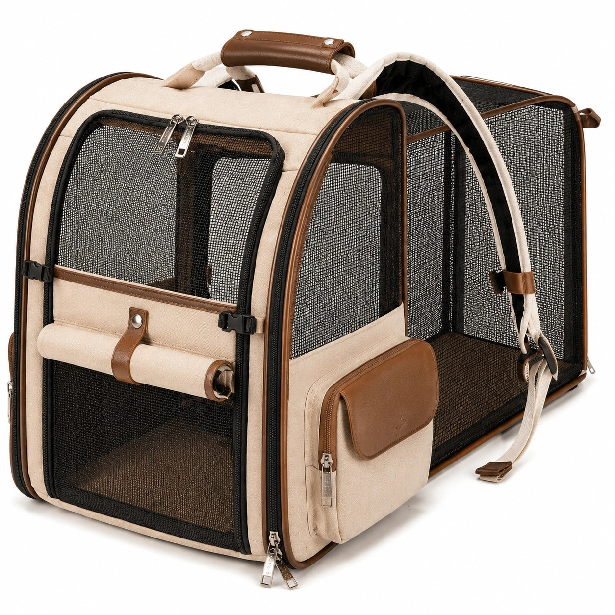 Transportín para mascotas 50 x 30 x 32 cm de tejido beige y marrón plegable con malla