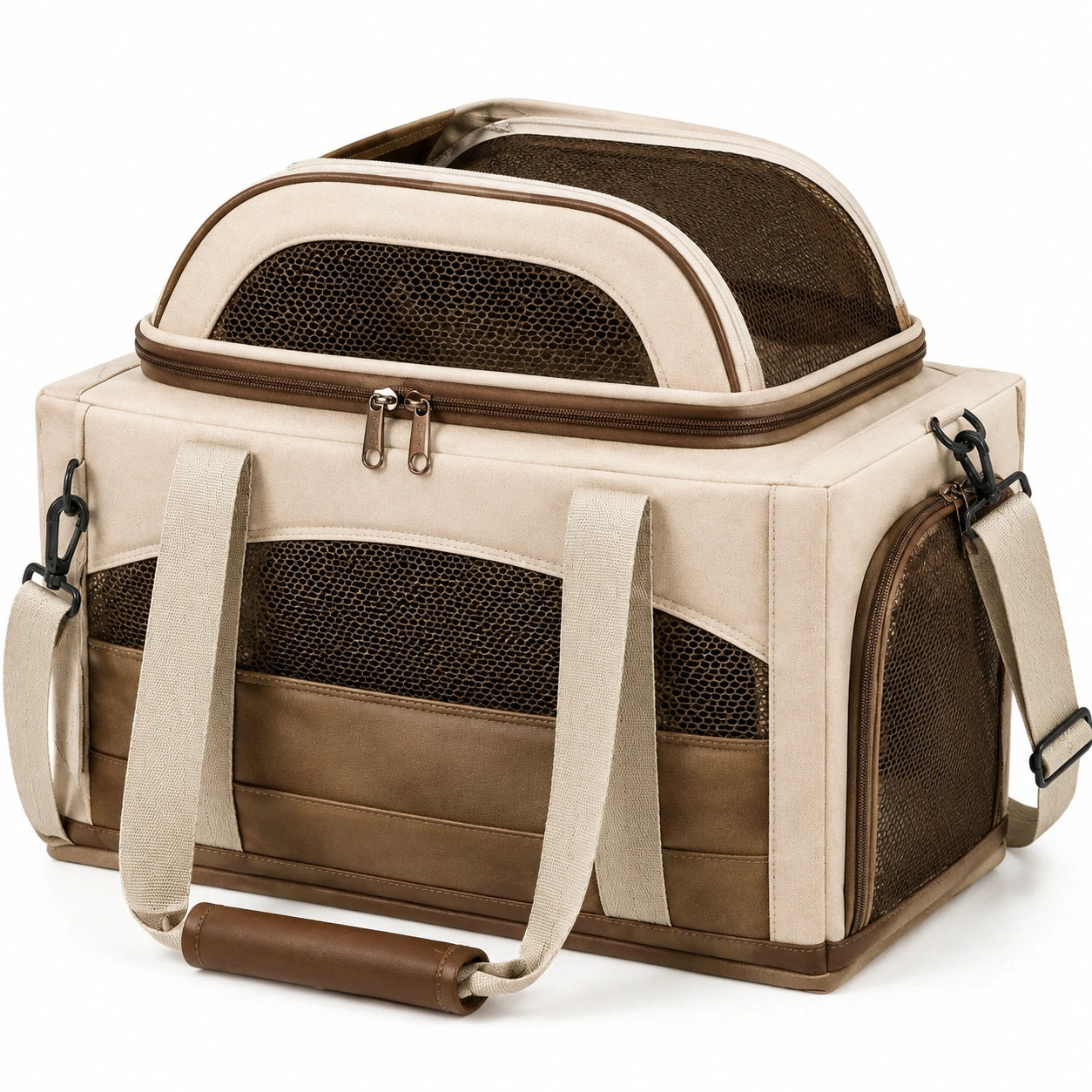 Transportín para mascotas 45 x 28 x 30 cm de tela beige y marrón con malla transpirable estilo portátil