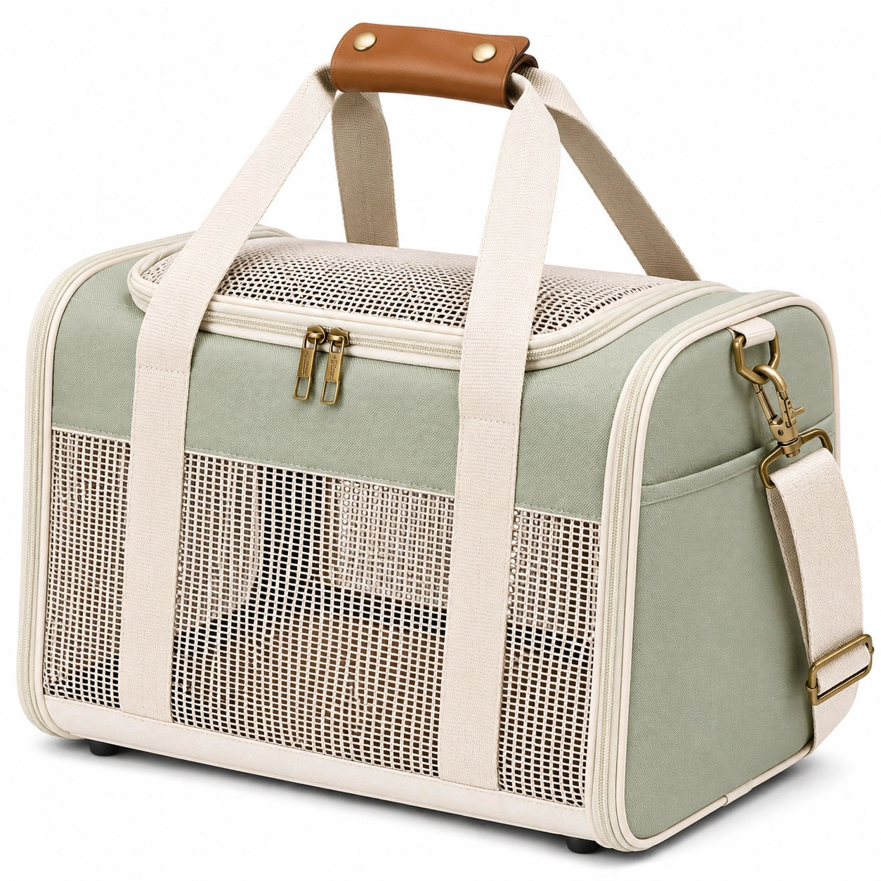 Bolsa transportín para mascotas 45 x 30 x 30 cm de poliéster verde con paneles de malla y correa ajustable