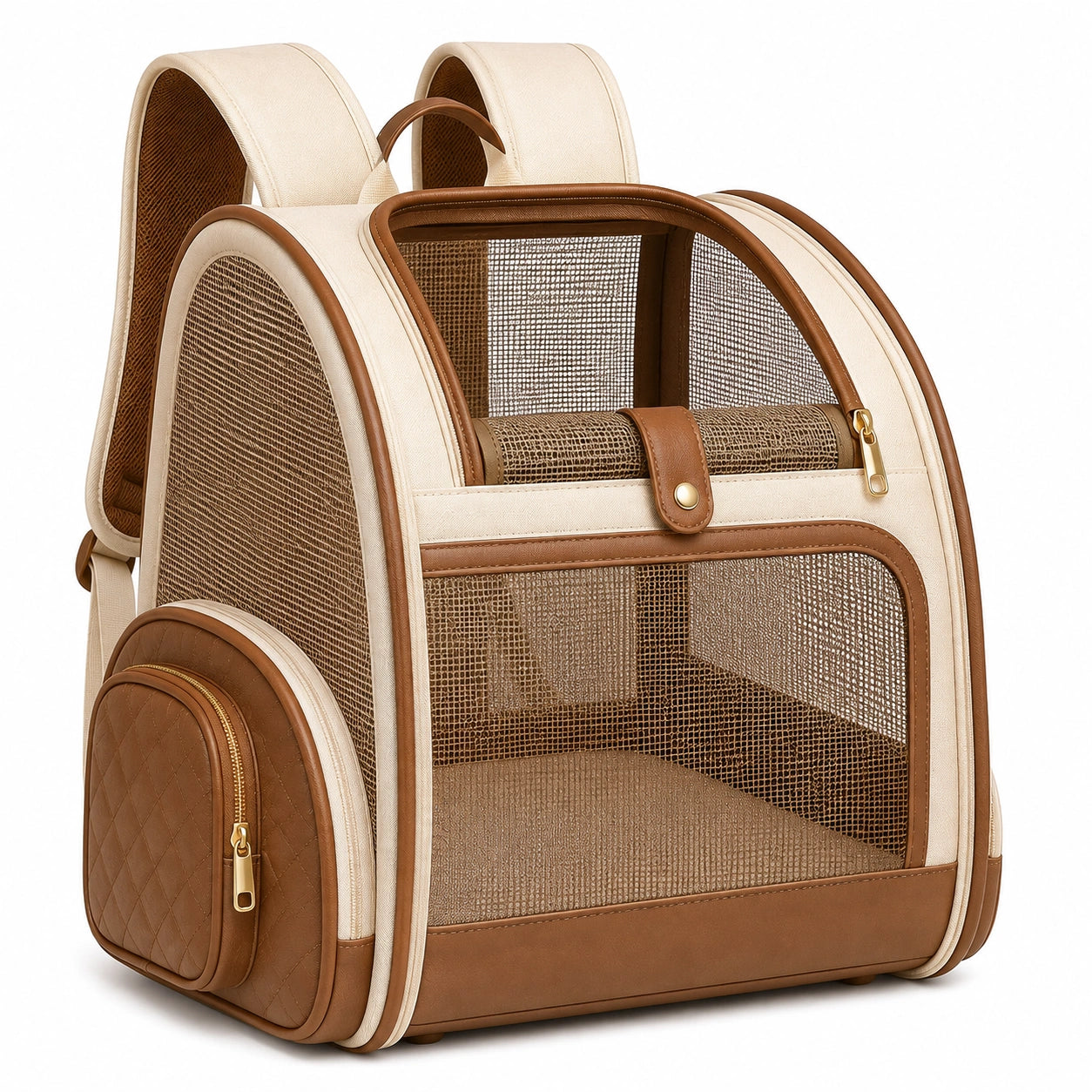 Mochila transportín para mascotas 42 x 30 x 45 cm de tejido sintético beige y marrón con malla transpirable